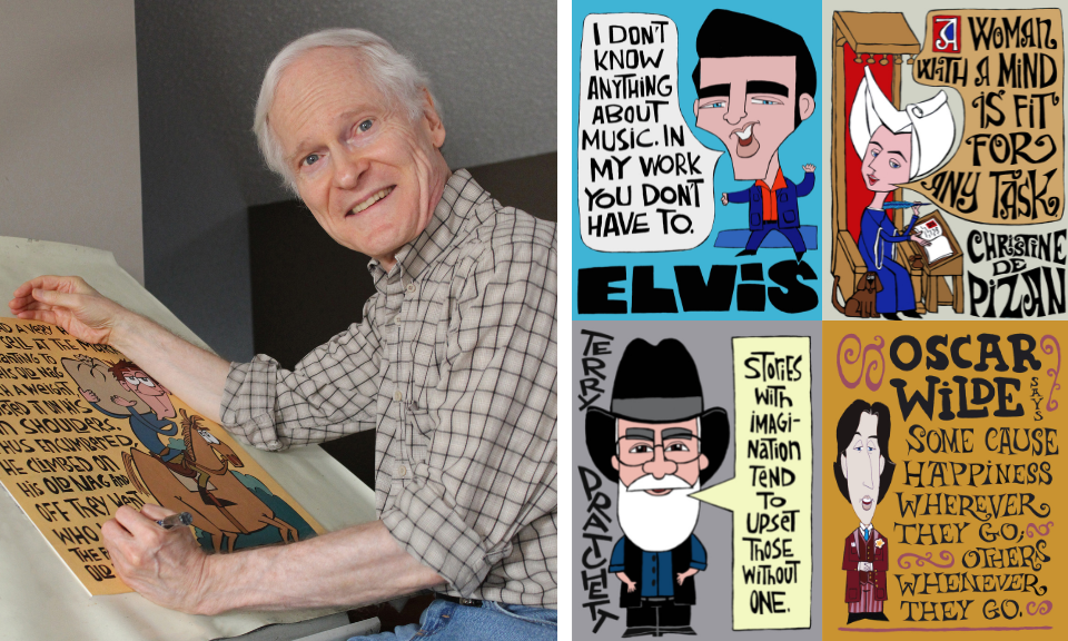 Cartoonist Eric Sangwine and some of his cartoons